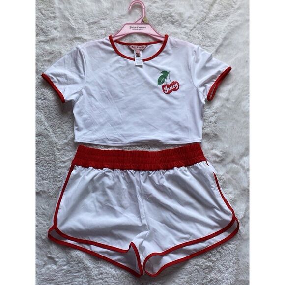 Juicy Couture Logo Tee Short Set Cherries Cherry Crop Top Swim Women’s Sz L NEW - Picture 1 of 11